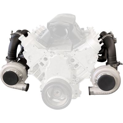 AeroFlow=GM LS Twin Turbo Long Runner Manifolds Forward Facing High Mount with 2.5"