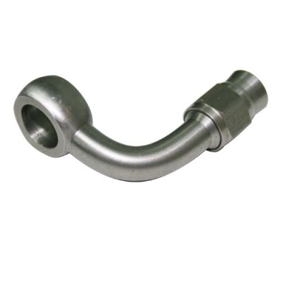 AeroFlow=Stainless Steel 90° Banjo Fitting 10mm (3/8") Banjo to -3AN PTFE Hose End