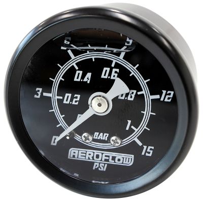 AeroFlow=1-1/2" Liquid Filled 15 psi Pressure Gauge Black Face White Pointer 1/8" NPT