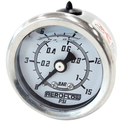 AeroFlow=1-1/2" Liquid Filled 15 psi Pressure Gauge White Face Black Pointer 1/8" NPT