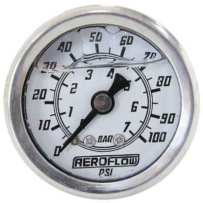 AeroFlow=1-1/2" Liquid Filled 100 psi Pressure Gauge White Face Black Pointer 1/8" NPT