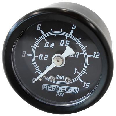 AeroFlow=1-1/2" 15 psi Pressure Gauge Black Face White Pointer 1/8" NPT Male Thread