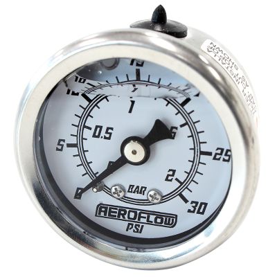 AeroFlow=1-1/2" Liquid Filled 30 psi Pressure Gauge White Face Black Pointer 1/8" NPT