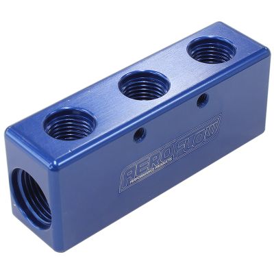 AEROFLOW = Billet 5 Port Fuel Log 3 x -6AN 2 x -8AN Blue Finish