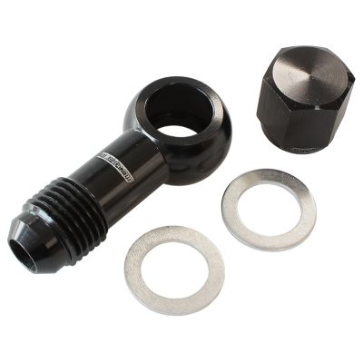 AEROFLOW = 90° Fuel Pump Banjo Kit - Black -6AN Banjo Fitting & Cap