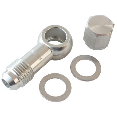 AEROFLOW = 90° Fuel Pump Banjo Kit - Silver & -6AN Banjo Fitting & Cap