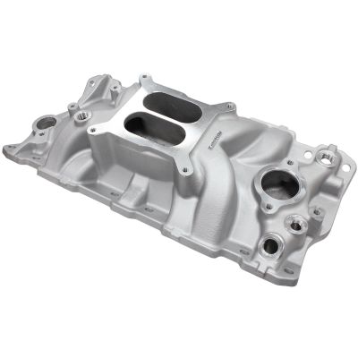AeroFlow=SB Chev Street Dual Plane Intake Manifold Natural Cast Finish