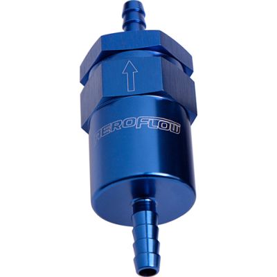 AEROFLOW = 30 Micron Billet Fuel Filter 3/8" Barb Blue Finish 2" Length