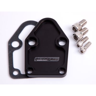 AeroFlow=Billet Fuel Pump Block-Off Plate - Black Suit SB Chevy