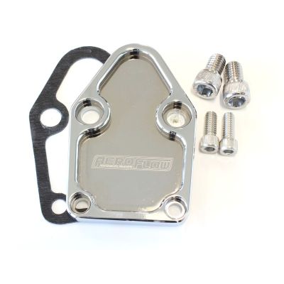 AeroFlow=Billet Fuel Pump Block-Off Plate - Chrome Suit SB Chevy