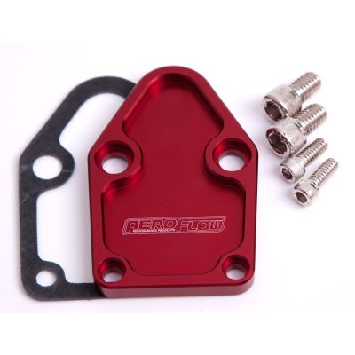 AeroFlow=Billet Fuel Pump Block-Off Plate - Red Suit SB Chevy