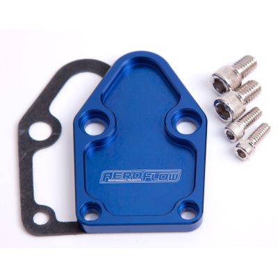 AeroFlow=Billet Fuel Pump Block-Off Plate - Blue Suit SB Chevy