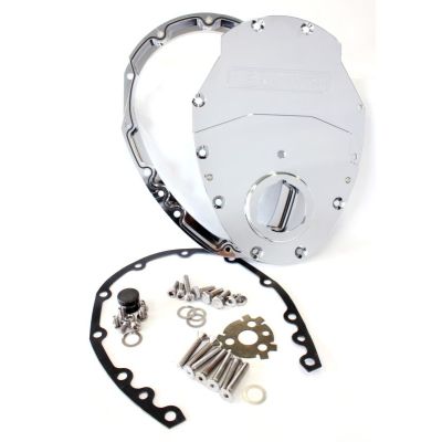 AeroFlow=Small Block Chev 350 2-Piece Billet Timing Cover-Chrome Finish Includes