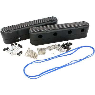 AeroFlow=GM LS 2 Piece Retro Finned Valve Cover Set Black Finish Suit GM LS Series