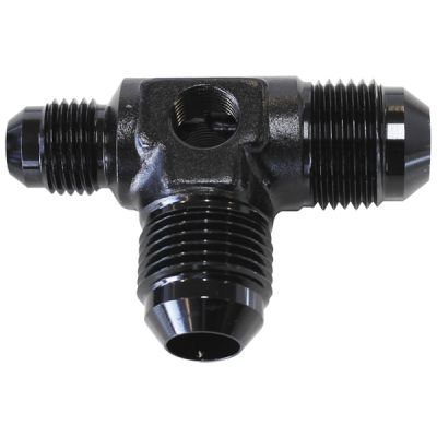 AeroFlow=Flare AN Stepped Tee with 1/8" NPT Ports -8AN x 2 -6AN x 1 Black Finish