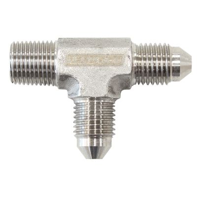 AeroFlow=Tee with NPT On Run 1/8" to -3AN Stainless Steel Finish