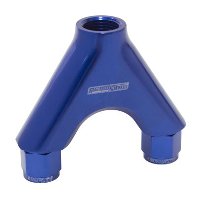 AEROFLOW = Billet Y-Block with Female Flare Blue Finish 2 x -8AN Female 1 x -10AN Male